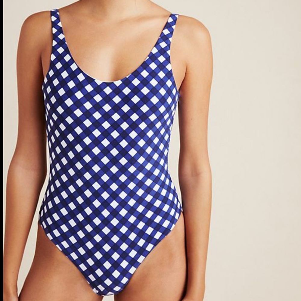 Anthropologie Onia Blue Gingham Print Ginny One Piece Swimsuit. Size M. NWT.